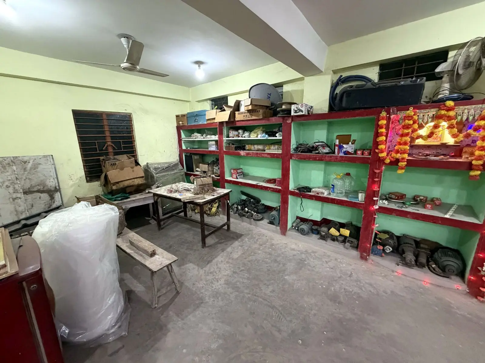 Workshop floor with storage racks