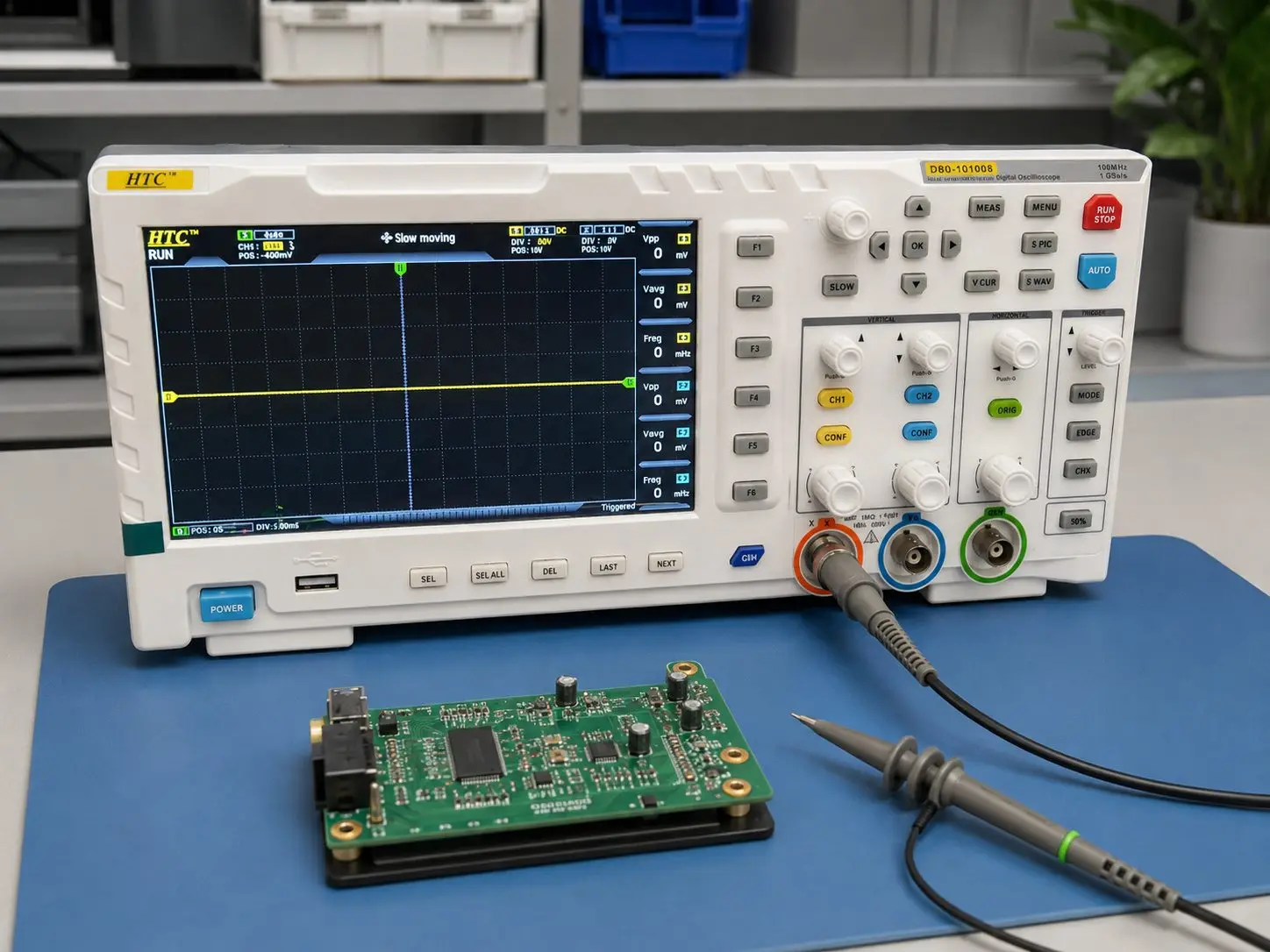 Board under test on the oscilloscope