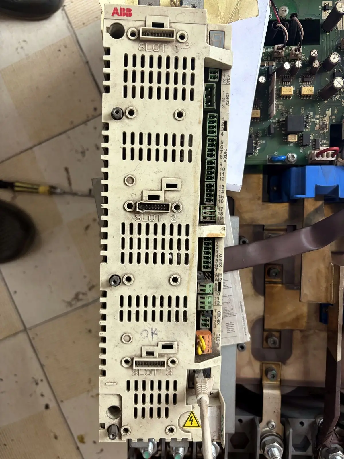 ABB drive opened on the workbench