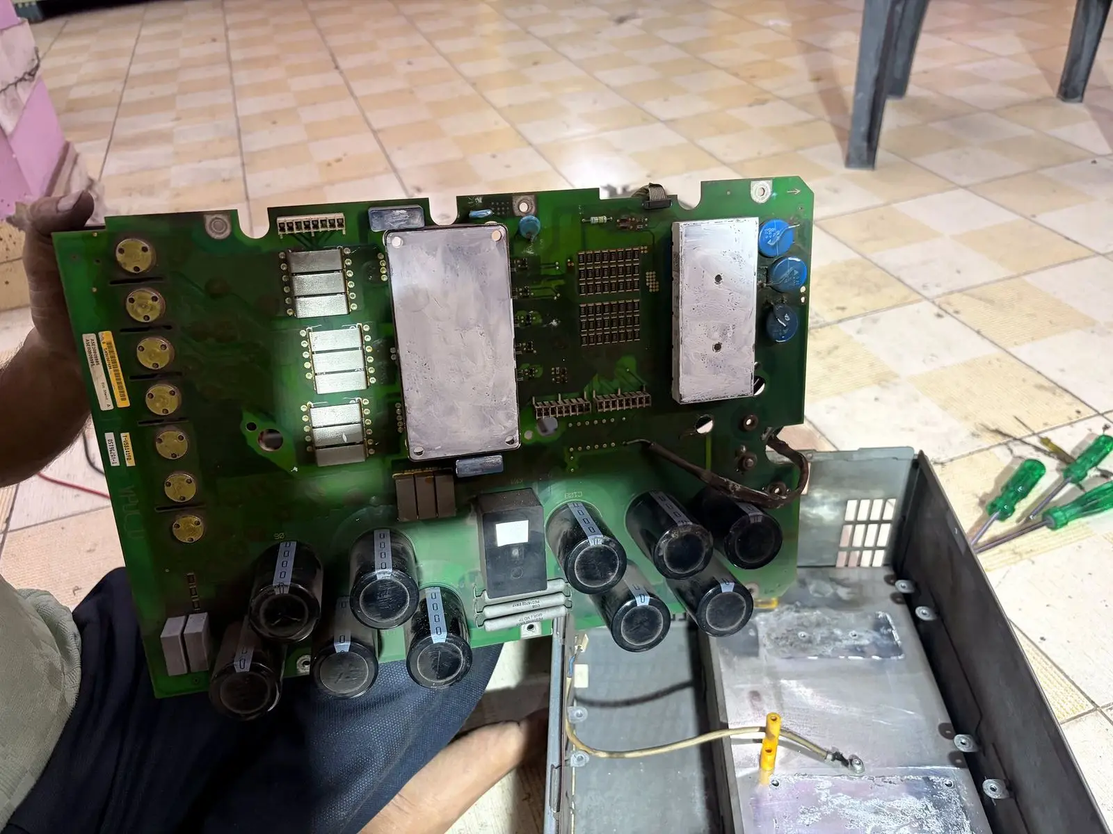 Drive power board with DC-bus capacitors removed for testing