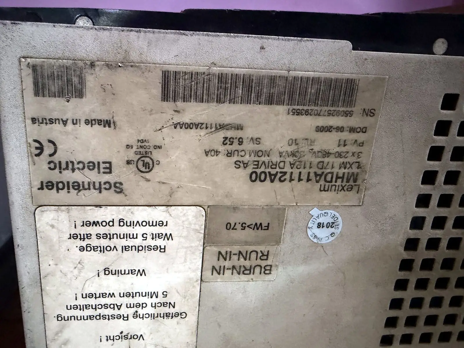 Schneider Electric drive nameplate logged before repair